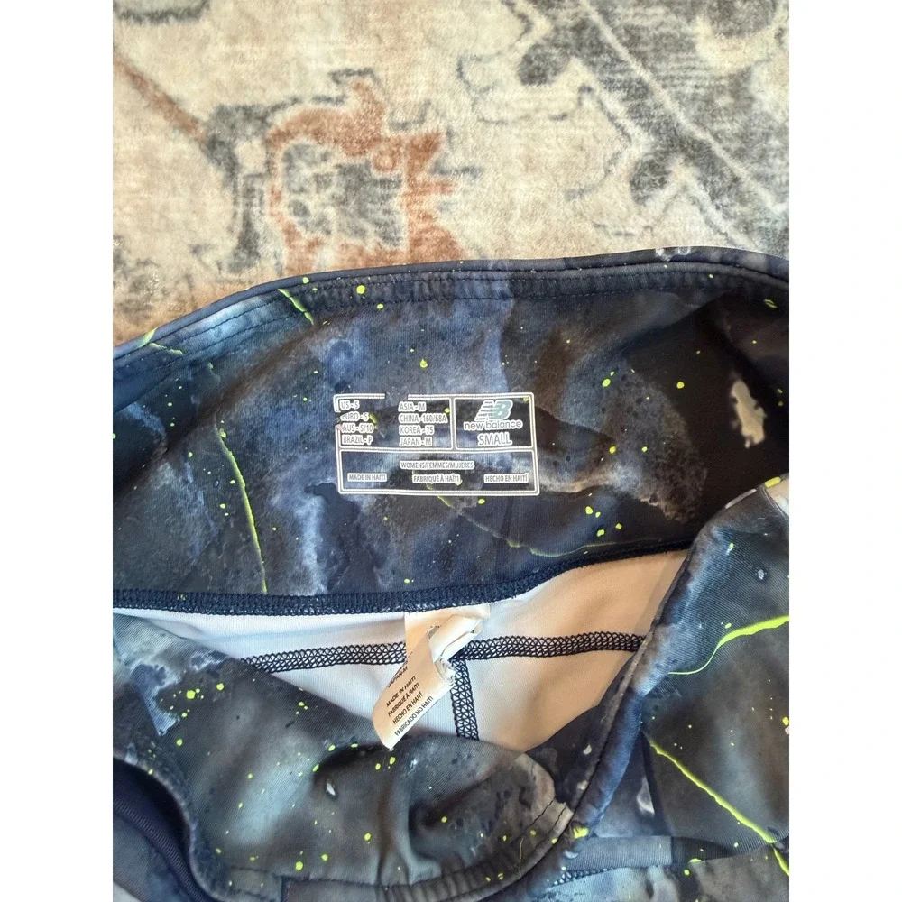 New Balance Womens Navy Neon Yellow Splatter Print Mesh Accent Leggings Small